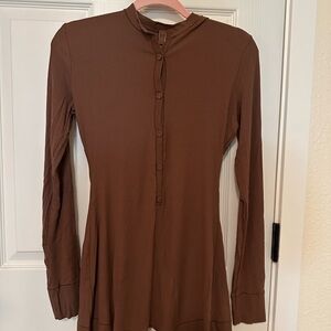 SKIMS Brown Long Sleeve Button Down Romper